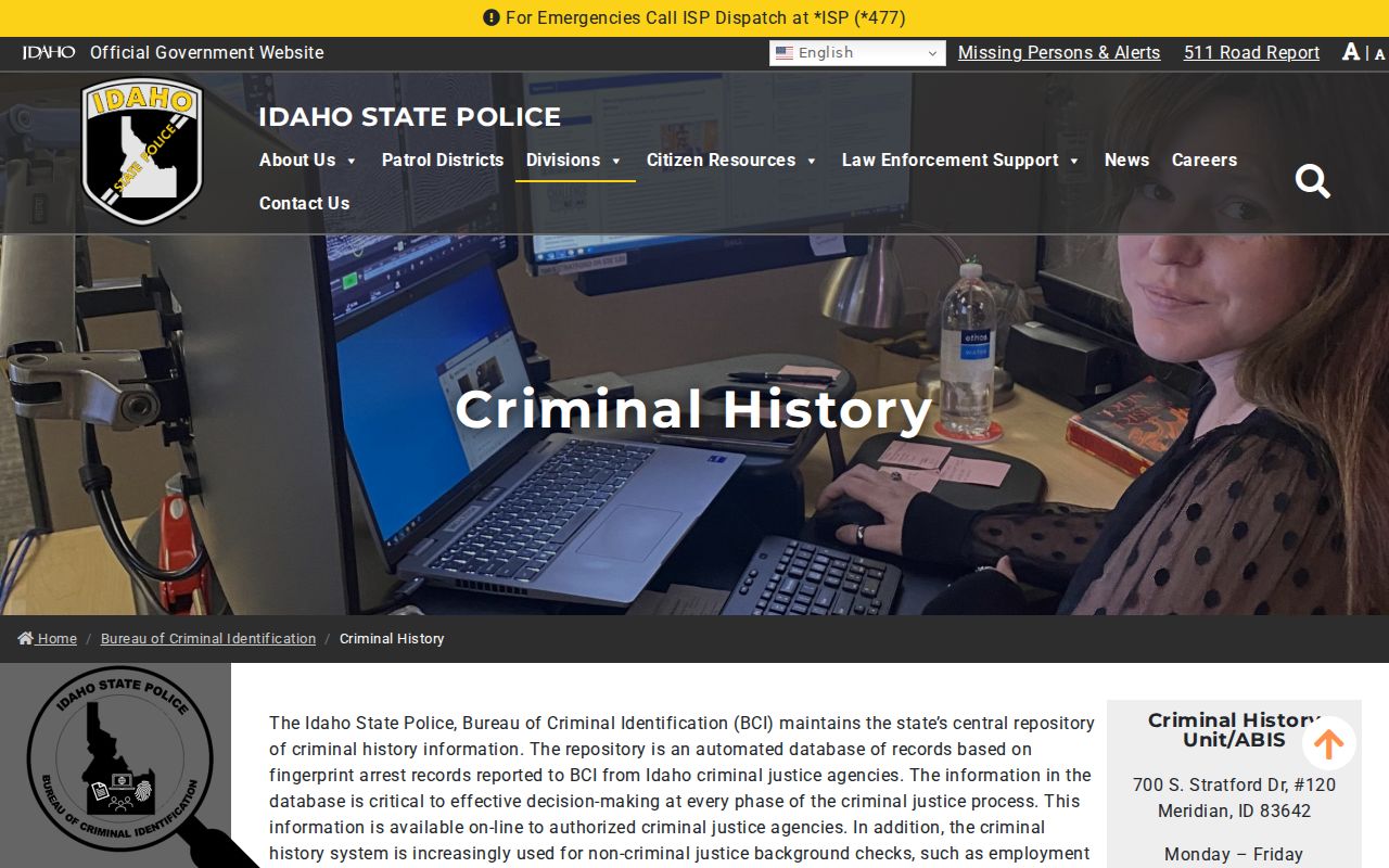 Idaho State Police BCI criminal history information for Boundary County searches