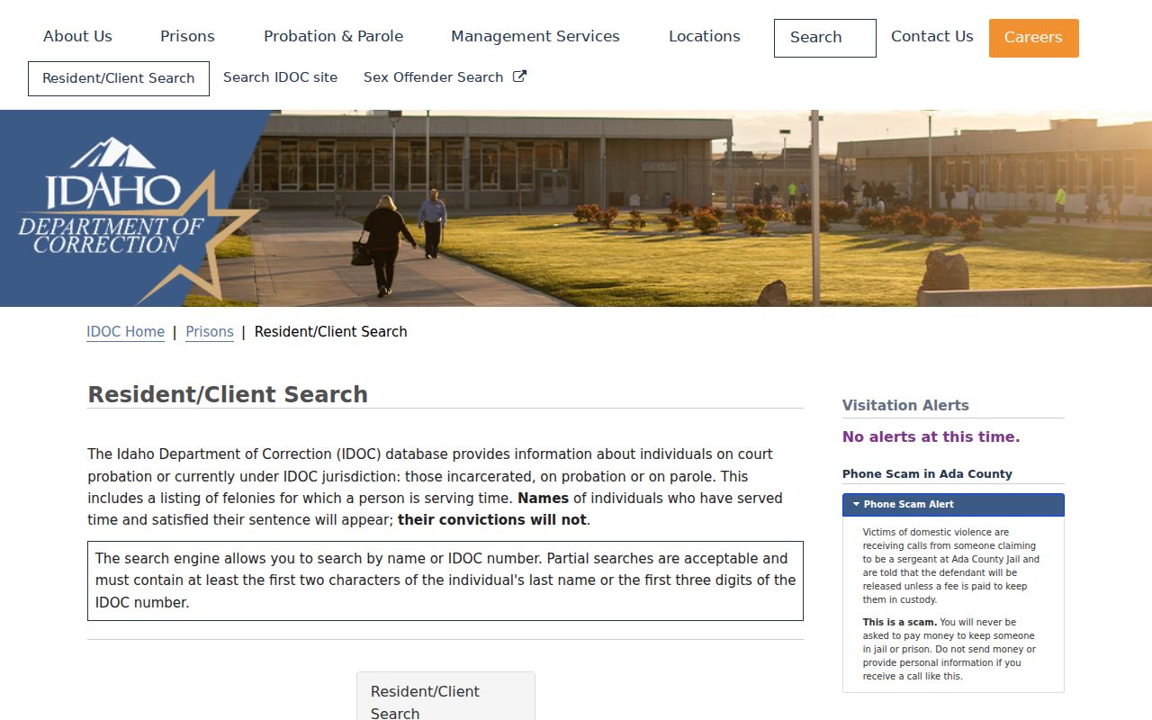 IDOC Resident and Client Search used after Boundary County sentencing